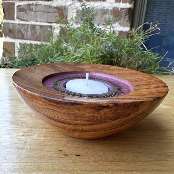 Vintage‎ New Zealand Rimu Wood Tea Light Candle Holder Signed 4.75" Diameter - Picture 8 of 10